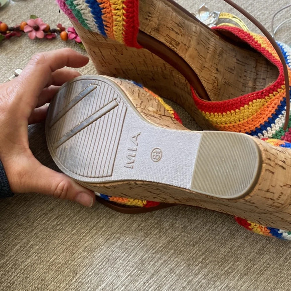 MIA Rainbow Crochet Wedge Sandals Platform Cork Heel Ankle Strap Pride B… - Picture 10 of 10